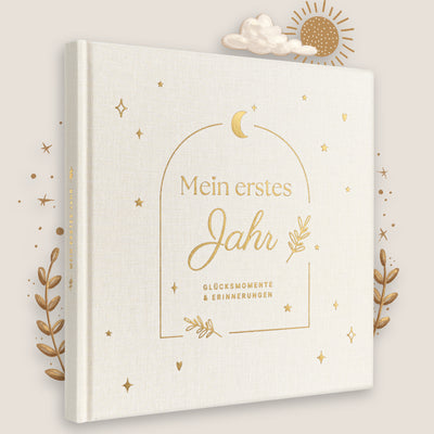 Eulentaler Babyalbum „Mein erstes Jahr“ im schlichten Scandi-Design mit liebevoll illustrierten Tiermotiven und Goldprägung.
