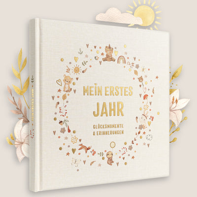 Eulentaler Babytagebuch „Mein erstes Jahr“ im farbenfrohen Boho-Design mit liebevoll illustrierten Tiermotiven und Goldprägung.
