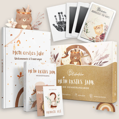 Erinnerungsbox-Set 'Mein erstes Jahr' mit Babytagebuch, Meilensteinkarten und Abdruckset für Babys in einem niedlichen Design mit Tierillustrationen.