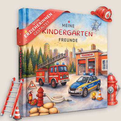 Freundebuch Kindergarten Feuerwehr von Eulentaler: Hardcover Titelbild mit Feuerwehrauto, Feuerwache und Polizeiauto