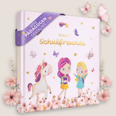 Eulentaler Schulfreundebuch „Meine Schulfreunde“ mit Einhorn, zwei Mädchen, Schmetterlingen, Blumen und goldgeprägtem Titel, von Pädagogen gestaltet.
