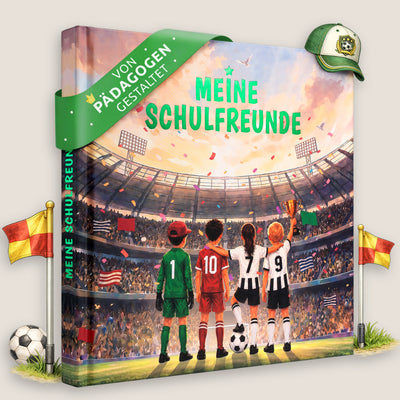 Eulentaler Schulfreundebuch „Meine Schulfreunde“ im Fußball-Design mit Kindern im Stadion, Fußball, Pokal und grün goldgeprägtem Hardcover