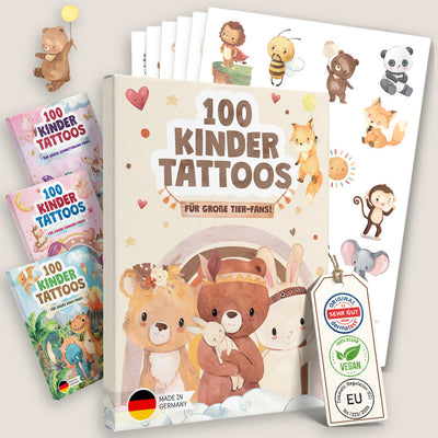 Eulentaler Kindertattoos Tiere: Packung mit 100 Tier-Tattoos, mit Tattoo-Bögen, Dermatest sehr gut, vegan, Made in Germany
