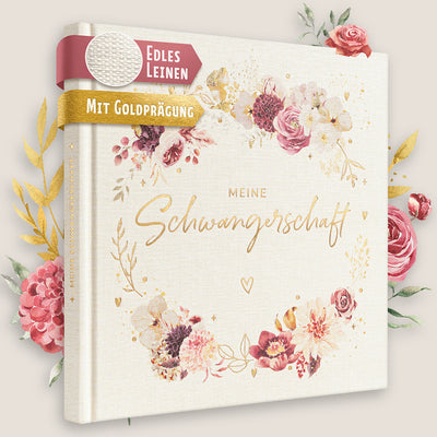Eulentaler Schwangerschaftstagebuch „Meine Schwangerschaft“ mit edlem Leinencover, goldener Prägung und floralem Design.
