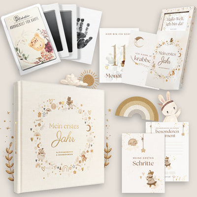 Eulentaler Sparset „Mein erstes Jahr“ mit Babyalbum aus Leinen und Goldprägung, Meilensteinkarten und Abdruckset für Babys.
