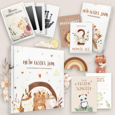 Eulentaler Sparset „Mein erstes Jahr“ im Boho-Design mit Babytagebuch, 48 Meilensteinkarten und Abdruckset für Hand- und Fußabdrücke.

